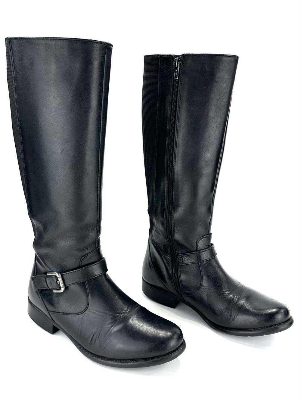 Clarks Plaza Pilot Riding Tall Boot Sz 8.5 Black Leather Stretch Shaft Knee-High